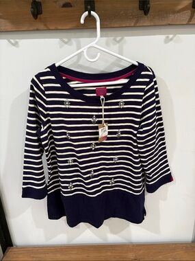 NWT Joules Navy and White Striped Jewel-Embellished Top